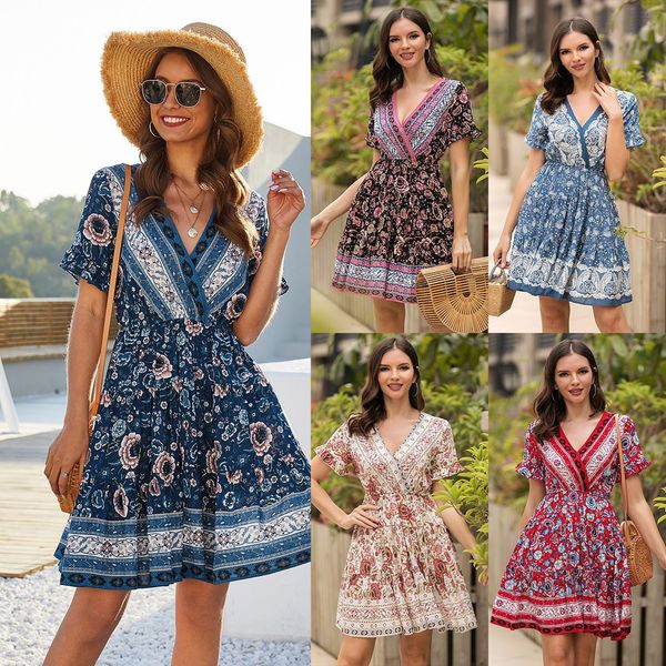 women new 2021 summer european and american dress v-neck print casual bohemian beach skirt, Black;gray
women new 2021 summer european and american dress v-neck print casual bohemian beach skirt, Black;gray