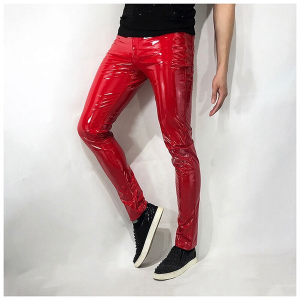 men shinny pu leather pants red tight stretch motorcycle trousers nightclub bar male hip hop rock singer dancer slim fit pants, Black;red
men shinny pu leather pants red tight stretch motorcycle trousers nightclub bar male hip hop rock singer dancer slim fit pants, Black;red