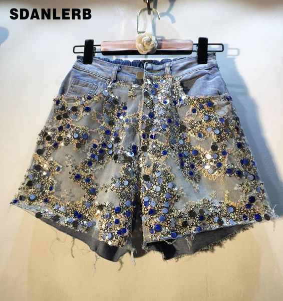 women's jeans european style shorts woman 2021 summer splicing sequins mesh high waist slimming wide-leg denim pants, Blue
women's jeans european style shorts woman 2021 summer splicing sequins mesh high waist slimming wide-leg denim pants, Blue