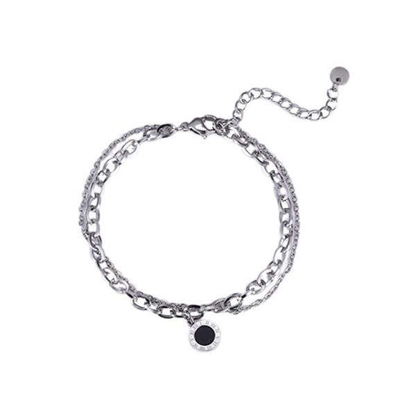 link, chain 2021 bracelet stainless steel personality retro double ring pendant wild design sense of women's hand ornament gift, Black