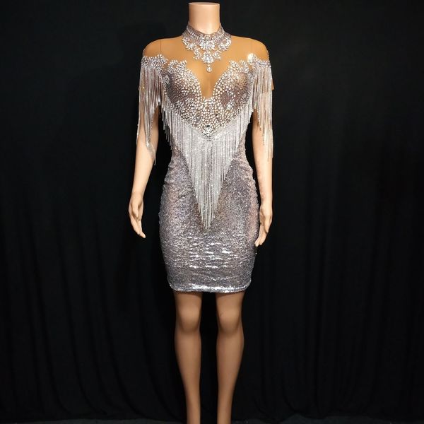 shiny borla beading bodycon dress dj club dance costume k6j5, White 
shiny borla beading bodycon dress dj club dance costume k6j5, White