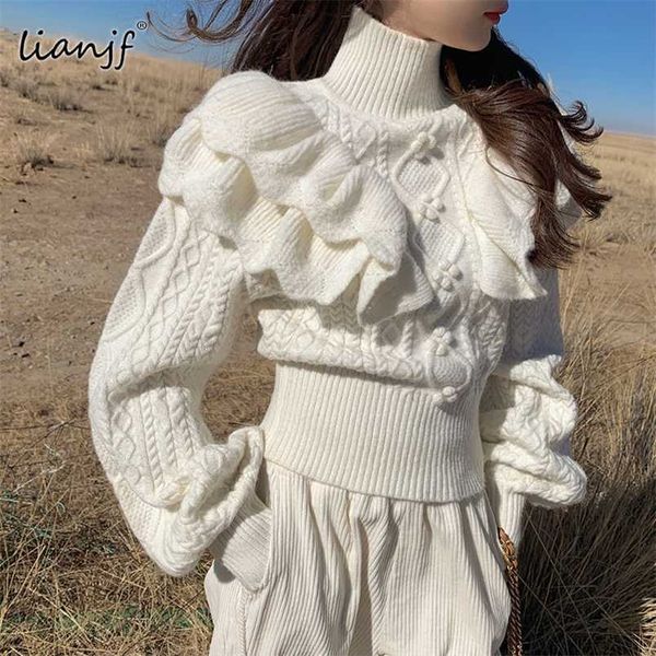 

ruffled floral white knitted sweater women fashion vintage turtleneck lantern sleeve female elegant pullovers chic retro knitwea 211103, White;black