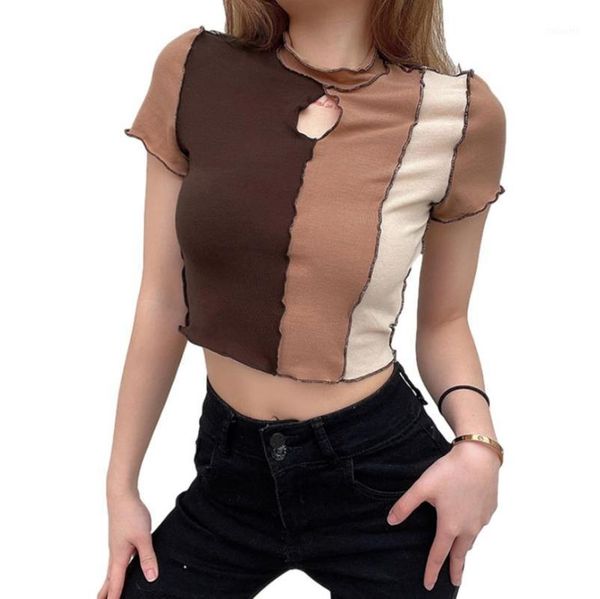 women's t-shirt summer hollow out patchwork crop short sleeve keyhole color block slim fit, White
women's t-shirt summer hollow out patchwork crop short sleeve keyhole color block slim fit, White