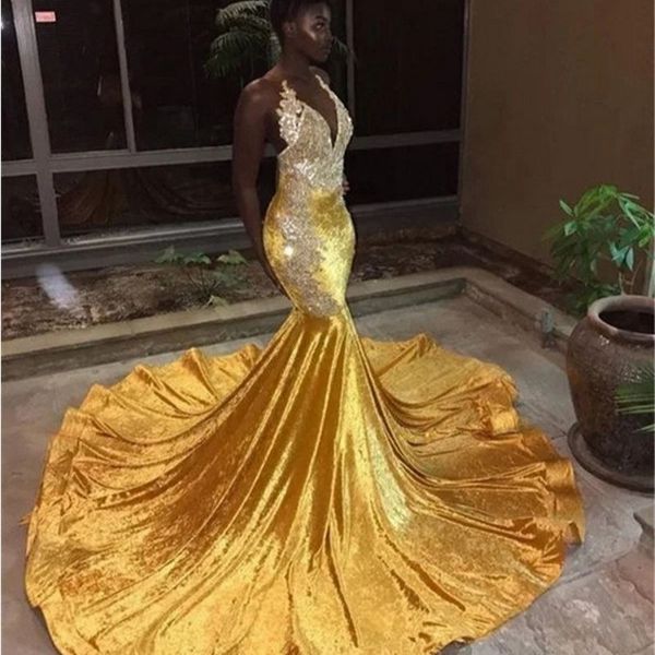 african arabic gold mermaid prom dresses 2022 with appliques lace halter sequined formal evening gowns robe de soriee, Black
african arabic gold mermaid prom dresses 2022 with appliques lace halter sequined formal evening gowns robe de soriee, Black