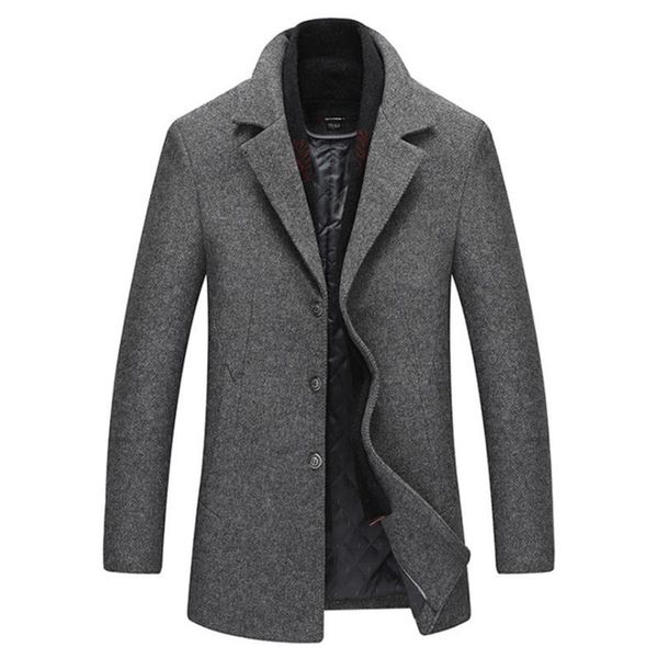 new brand wool coat slim fit jackets winter thick men woolen overcoats detachable scarf wool blends coats male trench coat, Black