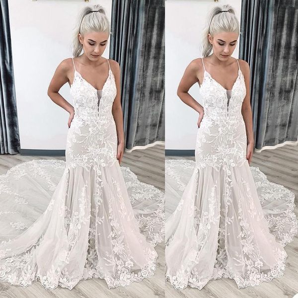 lace mermaid wedding dresses 2021 new designer with spaghetti straps applique sweep train custom made sheer garden wedding gown vestido, White
lace mermaid wedding dresses 2021 new designer with spaghetti straps applique sweep train custom made sheer garden wedding gown vestido, White