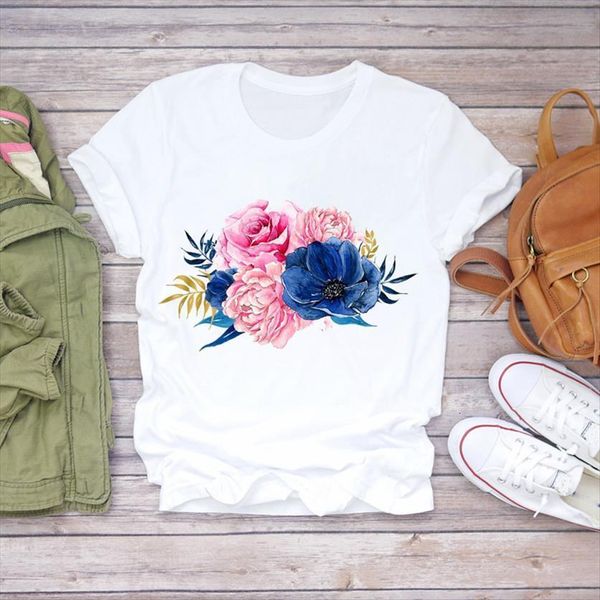 floral 90s korean clothes punk women fashion flower clothing womens graphic shirt ladies tee, White