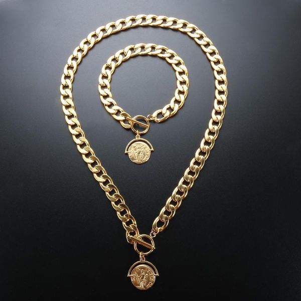 earrings & necklace zmfashion vintage ot buckle carved coin pendant bracelet jewelry set punk cuban link chain wrist bangle for women men, Silver
earrings & necklace zmfashion vintage ot buckle carved coin pendant bracelet jewelry set punk cuban link chain wrist bangle for women men, Silver