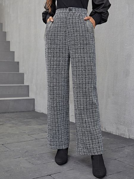 high waist plaid tweed pants m3w2#, Black;white 
high waist plaid tweed pants m3w2#, Black;white