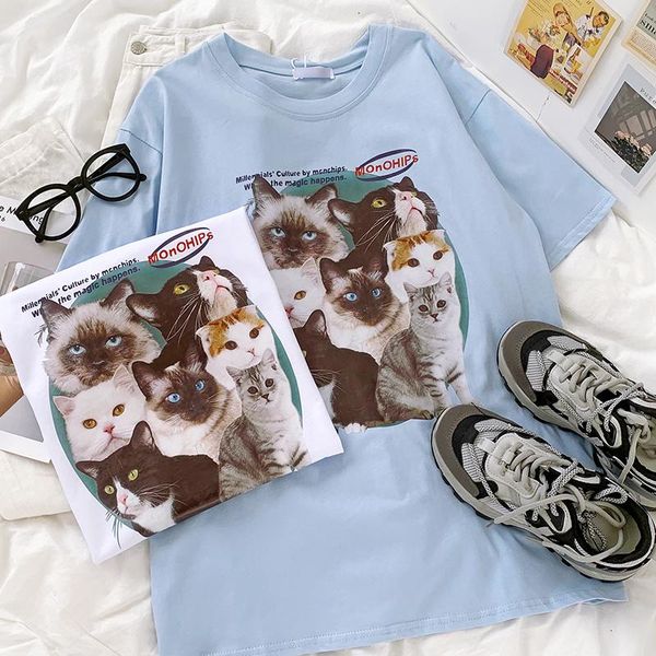 women's t-shirt cute cat animal print women t shirt summer milk blue round neck loose and slim casual versatile short sleeve, White
women's t-shirt cute cat animal print women t shirt summer milk blue round neck loose and slim casual versatile short sleeve, White