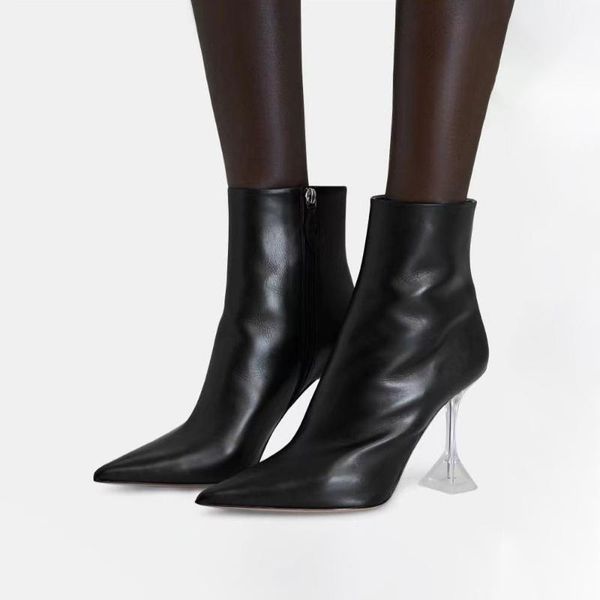 boots winter women's side zipper pointed toe clear heel leather skinny ankle, Black
boots winter women's side zipper pointed toe clear heel leather skinny ankle, Black