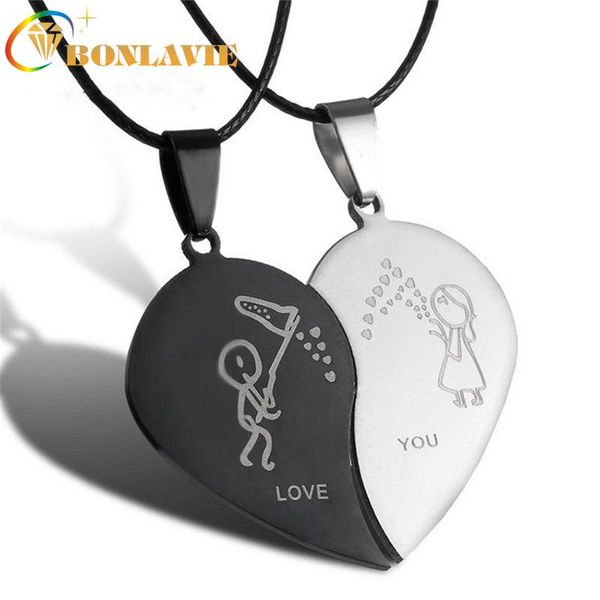 pendant necklaces bonlavie couple stainless steel accessories men and women heart shape simple broken splicing necklace, Silver