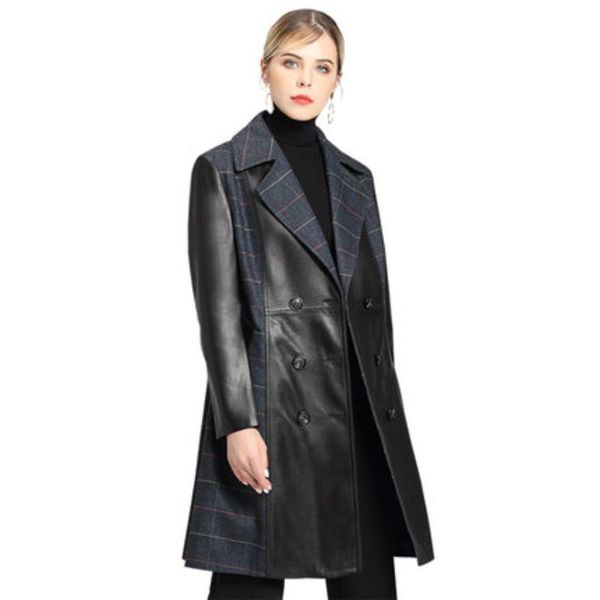 women's leather & faux genuine jacket women real sheepskin long trench coat female plaid double breasted windbreaker chaqueta mujer 610, Black
women's leather & faux genuine jacket women real sheepskin long trench coat female plaid double breasted windbreaker chaqueta mujer 610, Black