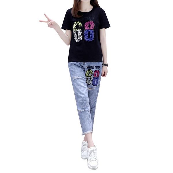 women's two piece pants nail bead sequins letters printing short sleeve t-shirt hole jeans denim leisure suit women sweatshirt casual, White
women's two piece pants nail bead sequins letters printing short sleeve t-shirt hole jeans denim leisure suit women sweatshirt casual, White