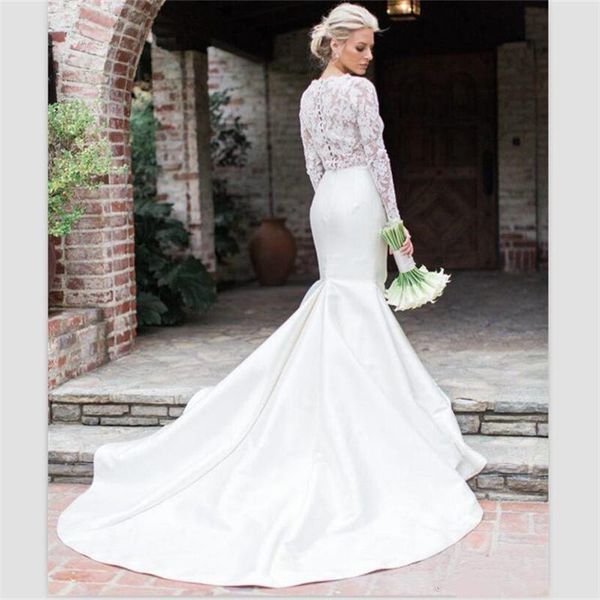 

2022 Lace Long Sleeve Beach Wedding Gowns ivory Vintage Mermaid Court Train Bateau Bridal Dresses, White