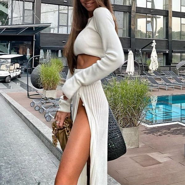 two piece dress women fashion sweater suit solid white knit long sleeve crop side buttons split pleated skirt set wjt3
two piece dress women fashion sweater suit solid white knit long sleeve crop side buttons split pleated skirt set wjt3