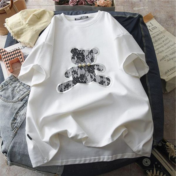 women's t-shirt 2021 spring clothing cartoon bear lace beading female leisure fashion loose tee, White
women's t-shirt 2021 spring clothing cartoon bear lace beading female leisure fashion loose tee, White