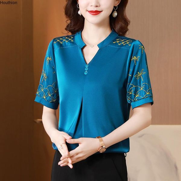 women's blouses & shirts blouse satin embroidery v-neck shirt simple short sleeve fashion casual houthion drop, White
women's blouses & shirts blouse satin embroidery v-neck shirt simple short sleeve fashion casual houthion drop, White