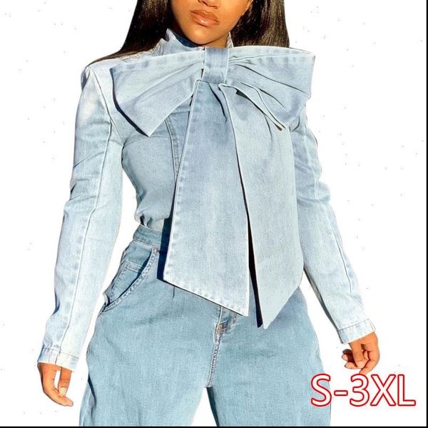 vintage jeans blouses plus size women fashion bow tie single breasted denim blouse casual buttons long sleeve shirts, White
vintage jeans blouses plus size women fashion bow tie single breasted denim blouse casual buttons long sleeve shirts, White