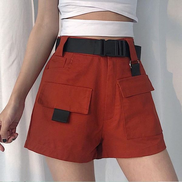 women's shorts summer women cargo korean fashion high waist mini solid with pocket buckle belt casual ladies, White;black
women's shorts summer women cargo korean fashion high waist mini solid with pocket buckle belt casual ladies, White;black