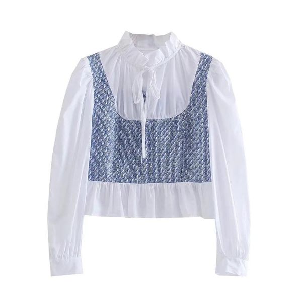women's blouses & shirts bbwm 2021 autumn women vintage elegant tweed office lady blouse female slim splicing sleeve streetwear casual, White 
women's blouses & shirts bbwm 2021 autumn women vintage elegant tweed office lady blouse female slim splicing sleeve streetwear casual, White
