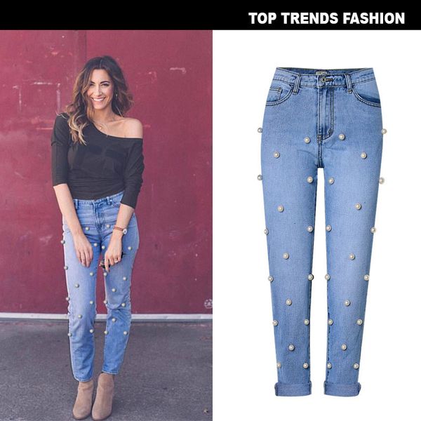 women's street fashion high waist loose washed straight tube denim trousers with big pearl inlaid nails, Blue
women's street fashion high waist loose washed straight tube denim trousers with big pearl inlaid nails, Blue