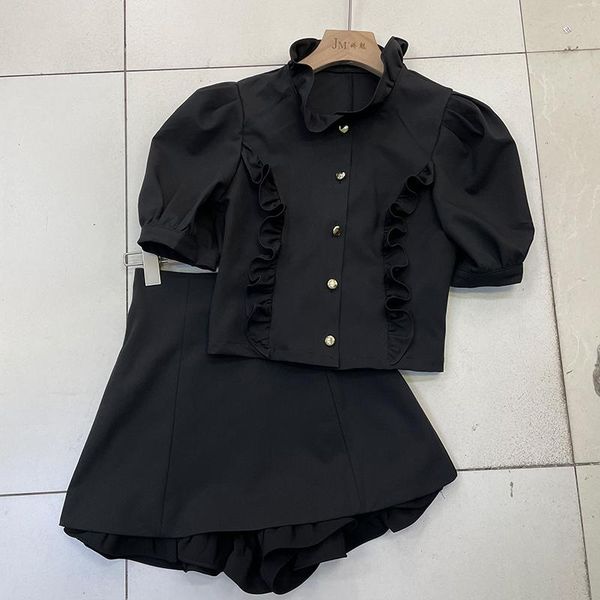 women's tracksuits fabpop 2021 short puff sleeve stand collar ruffles black shirt high waist shorts skirt two piece matching set outfit, Gray
women's tracksuits fabpop 2021 short puff sleeve stand collar ruffles black shirt high waist shorts skirt two piece matching set outfit, Gray
