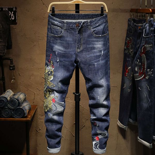 spring autumn jeans men's trendy brand fashionable and handsome chinese style youth long pants elastic embroidery, Blue
spring autumn jeans men's trendy brand fashionable and handsome chinese style youth long pants elastic embroidery, Blue