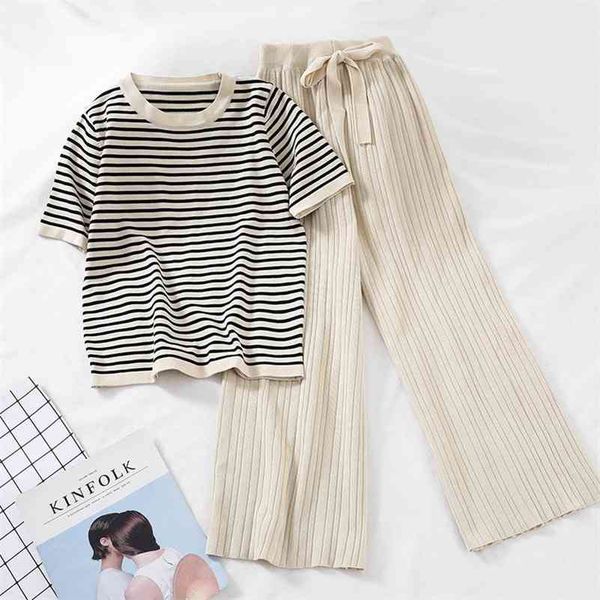 women tracksuit summer striped blouse and pants 2 piece sets korean casual loose outfits knitted suits 210709, White
women tracksuit summer striped blouse and pants 2 piece sets korean casual loose outfits knitted suits 210709, White