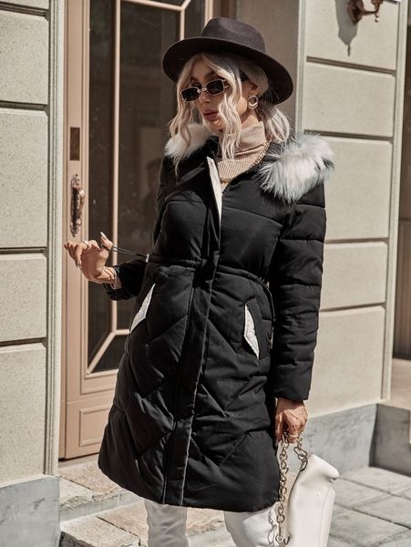 fuzzy trim hooded drawstring waist pressed button puffer coat w7ih#, Black
fuzzy trim hooded drawstring waist pressed button puffer coat w7ih#, Black