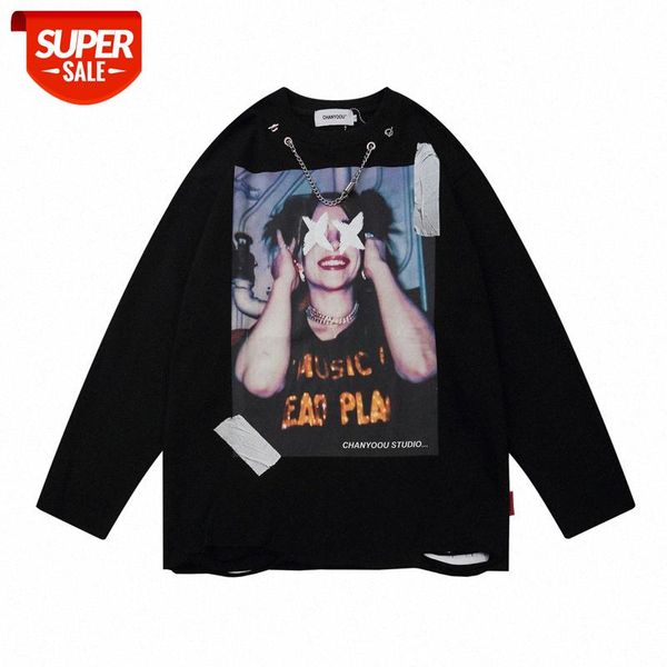 street retro character print round neck pullover sweater men's hip-hop burr hole metal chain #ej6s, Black
street retro character print round neck pullover sweater men's hip-hop burr hole metal chain #ej6s, Black