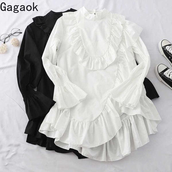 women office lady dress spring autumn solid ruffles flare sleeve stand loose sweet chic wild female fashion dresses 210531, Black;gray
women office lady dress spring autumn solid ruffles flare sleeve stand loose sweet chic wild female fashion dresses 210531, Black;gray