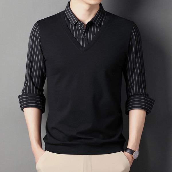 spring and autumn fake two collar sweater t- men's middle-aged long sleeve striped knitted bottomed shirt pullover, White;black
spring and autumn fake two collar sweater t- men's middle-aged long sleeve striped knitted bottomed shirt pullover, White;black