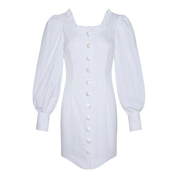 ruffles square collar lantern sleeves buttons closure backless white cotton dress, Black;gray
ruffles square collar lantern sleeves buttons closure backless white cotton dress, Black;gray