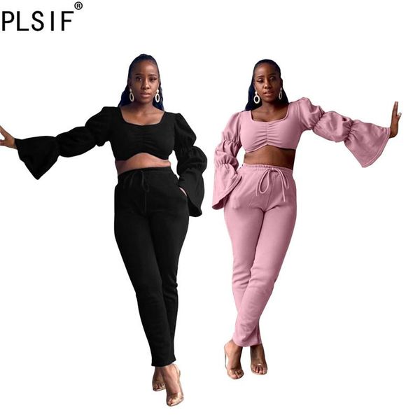 women's two piece pants women stitching trumpet sleeves square collar chest-wrapped jacket lace-up pocket street fashion set autumn, White 
women's two piece pants women stitching trumpet sleeves square collar chest-wrapped jacket lace-up pocket street fashion set autumn, White