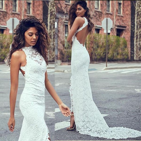 2021 full lace summer mermaid wedding dresses open back sleeveless boho bridal gowns front split vestidos, White
