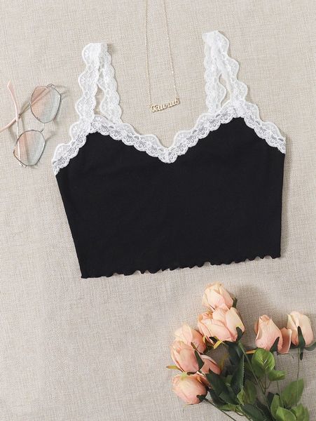 contrast lace lettuce trim rib-knit crop cami g7eq#, White 
contrast lace lettuce trim rib-knit crop cami g7eq#, White