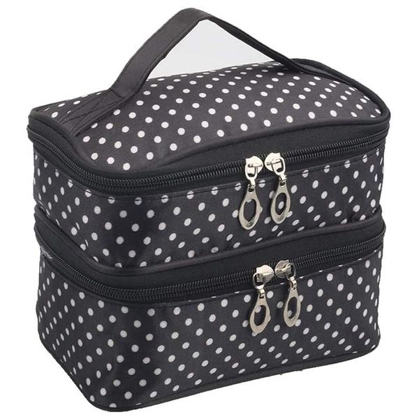 asds-double-layer cosmetic bag with mirror, waterproof travel cosmetic bag, black bag storage with white dots
