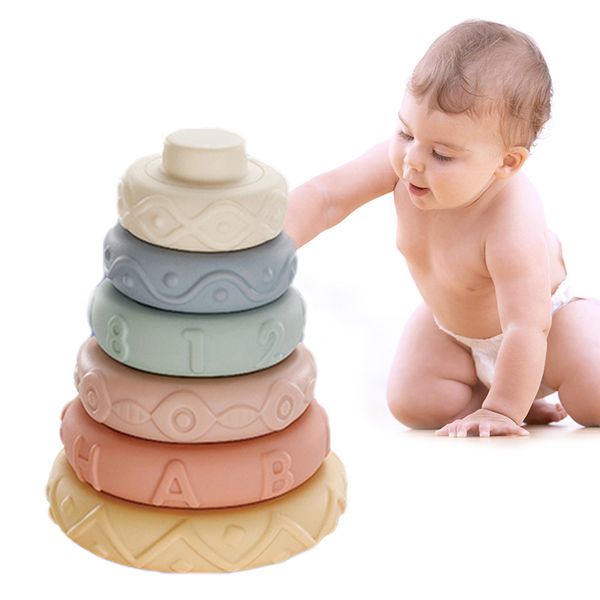

Baby Toy Soft Building Blocks Silicone Stacking Blocks 3D Round Shape Silicone Construction Toy Rubber Teethers Montessori Toy
