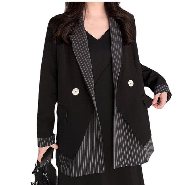 women's suits & blazers blazer women suit jacket chic spring striped stitching fake two-piece double breasted veste femme fall 2021, White;black