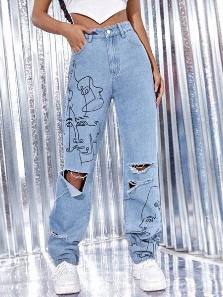 face line art ripped jeans u1gr#, Blue
face line art ripped jeans u1gr#, Blue