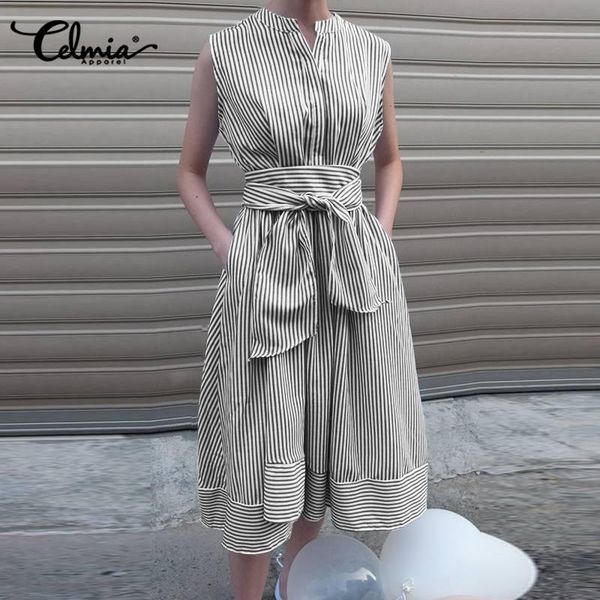 casual dresses celmia vintage striped midi dress 2021 fashion women's sleeveless tank sundress summer belted pockets shirt vestidos, Black;gray
casual dresses celmia vintage striped midi dress 2021 fashion women's sleeveless tank sundress summer belted pockets shirt vestidos, Black;gray
