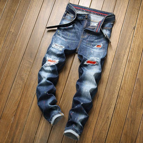 men's jeans personality straight slim fit youth casual stretch ripped cowboys trousers cotton patchwork denim pants, Blue
men's jeans personality straight slim fit youth casual stretch ripped cowboys trousers cotton patchwork denim pants, Blue