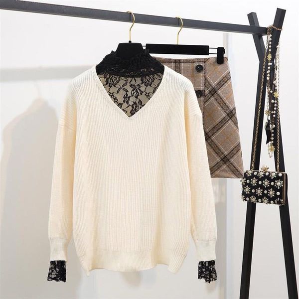two piece dress fashion elegant half knitted set turtleneck lace sweater and plaid mini a-line skirt fall student sets, White
two piece dress fashion elegant half knitted set turtleneck lace sweater and plaid mini a-line skirt fall student sets, White