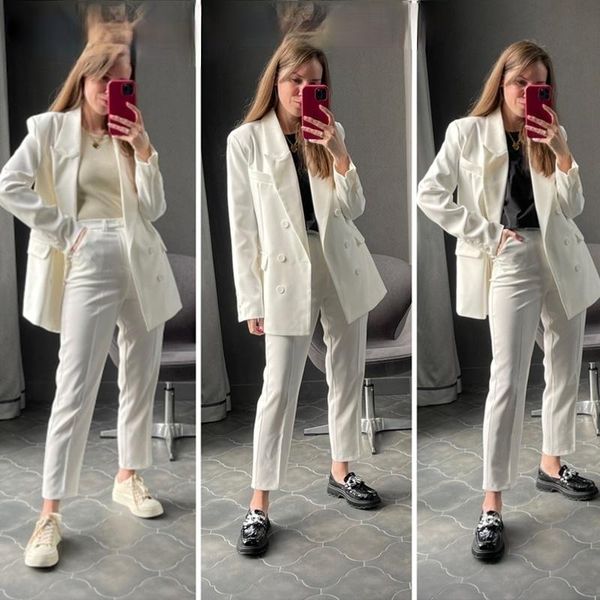 women's two piece pants 2021 spring blazer + pant peice set women double breasted suit jacket high waist, White
women's two piece pants 2021 spring blazer + pant peice set women double breasted suit jacket high waist, White