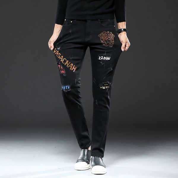 jeans fashion brand men's printed drill autumn and winter trend hole patch small foot fashion pants, Blue
jeans fashion brand men's printed drill autumn and winter trend hole patch small foot fashion pants, Blue