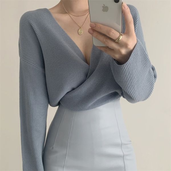 jumpers autumn all-match blue v neck cross long sleeve sweater knit shirts korean fashion pull femme sueters mujer 211218, White;black
jumpers autumn all-match blue v neck cross long sleeve sweater knit shirts korean fashion pull femme sueters mujer 211218, White;black