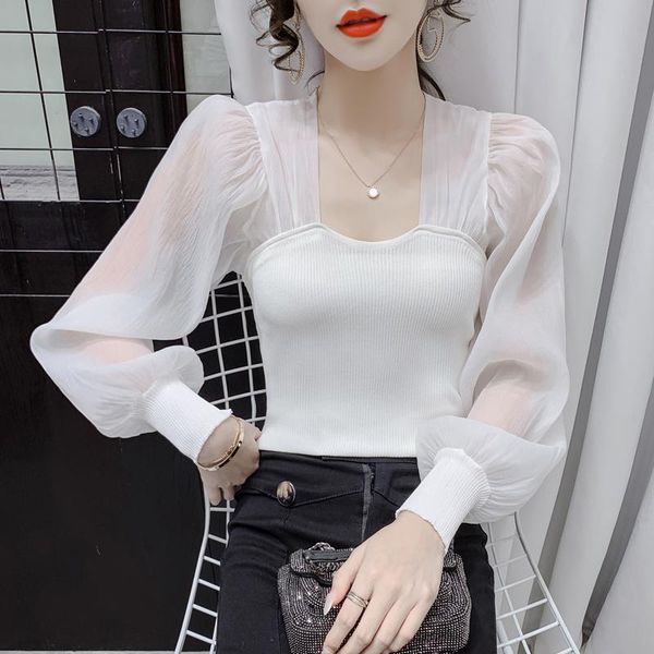 women's blouses & shirts sexymesh chiffon pullover autumn 2021 splicing square neck knibubble long sleeve blusas de mujer, White
women's blouses & shirts sexymesh chiffon pullover autumn 2021 splicing square neck knibubble long sleeve blusas de mujer, White