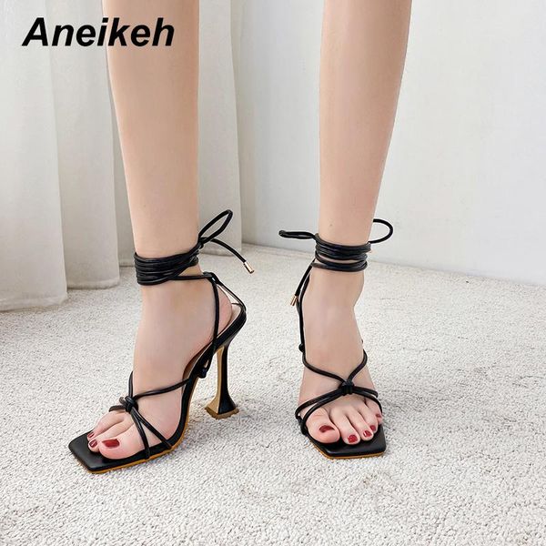 sandals aneikeh 2021 summer pu cross-tied sandales peep toe high heel solid fashion slip on slides ladies gladiator party shoes, Black