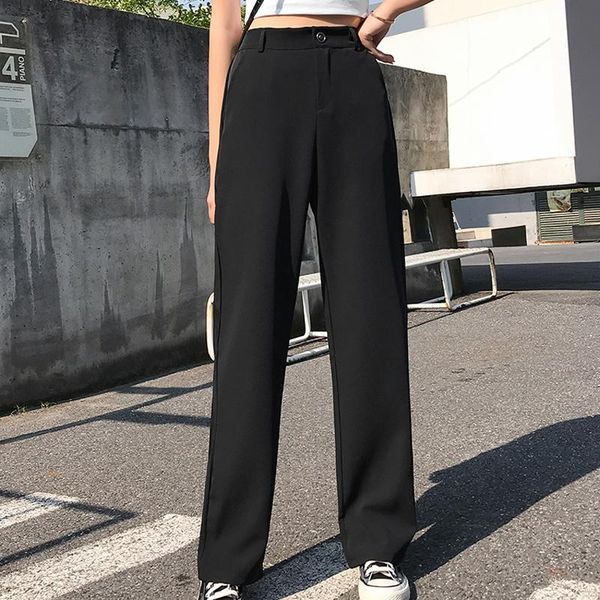 women's pants & capris korean woman high waist full-length black straight trousers summer thin suits flat trouser female wide leg, Black;white